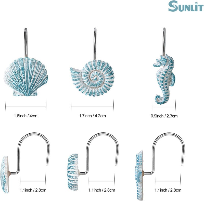Sunlit 12-Piece Aqua Blue Resin Shower Curtain Hooks, Ocean Creatures Coastal Design, Nautical Bathroom Decoration - Image 3